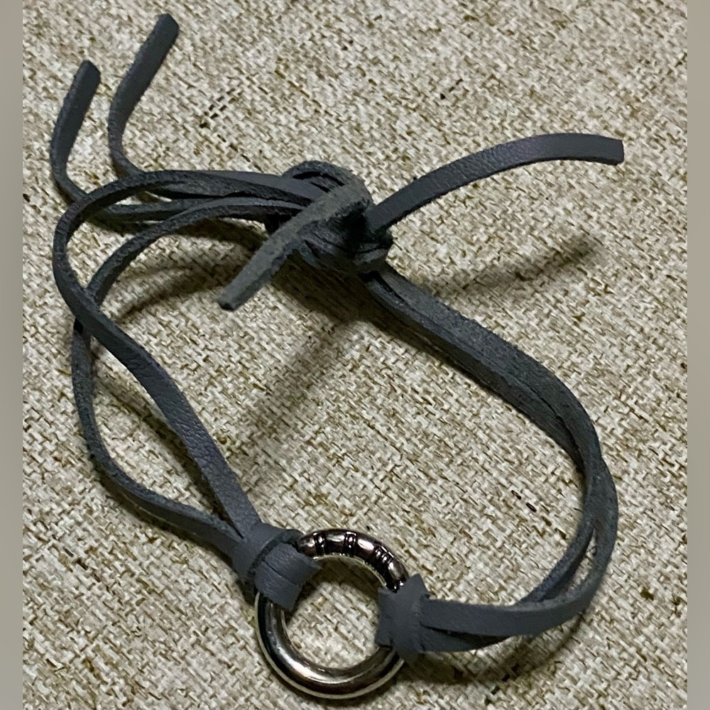 Gray Leather Bracelet with Silver Ring